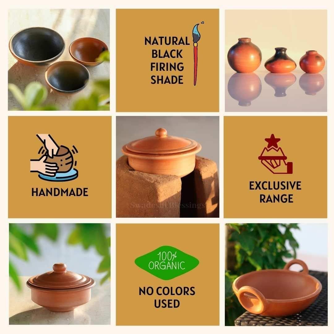 Swadeshi Blessings Exclusive Range Unglazed Clay Handi/Earthen Pot for Cooking with Lid (4 LTR, Black) (with Natural Firing Shade & Mirror Shine) + Free ASH for Cleaning (4) - Image 9