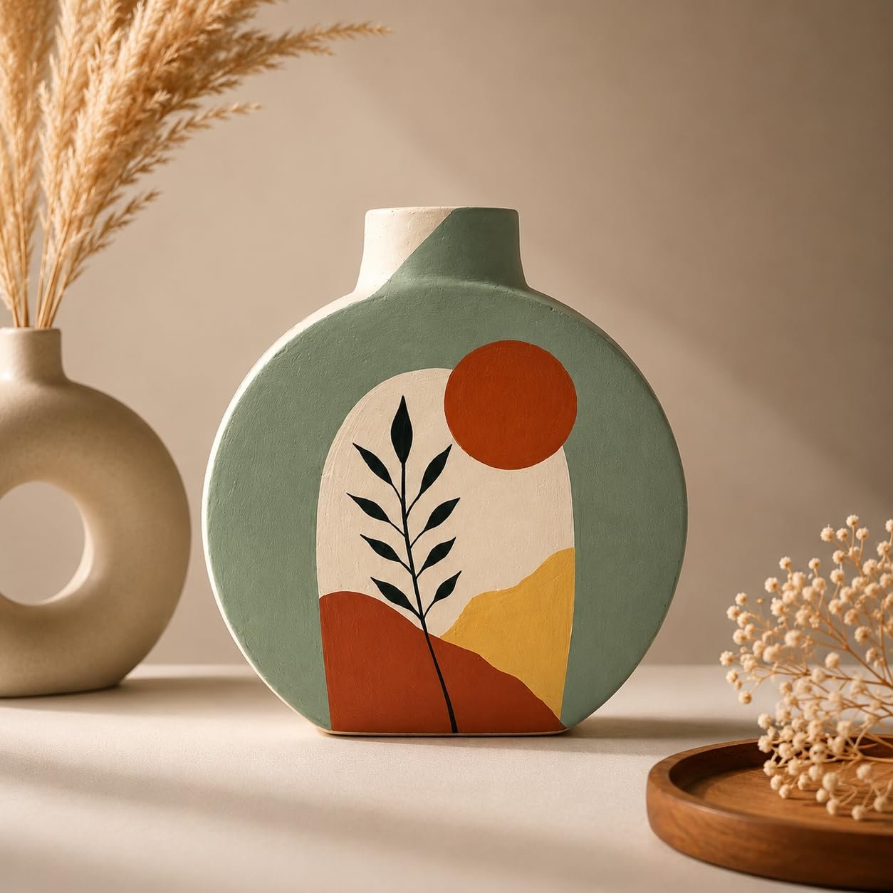 ARTYSTA Handpainted Terracotta Vase Set of 2 | Green Boho Modern Decorative Dry Flower Vases for Home Décor | Small Vases for Decor | Housewarming Gifts | Eco-Friendly Pots | Round Flat Shape Pots - Image 4