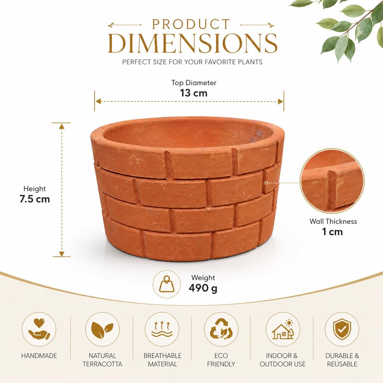 Azadi House Handmade Terracotta Indoor Planter | Natural Clay Flower Pot with Brick Design | Breathable Earthen Pot for Succulents, Bonsai, Cactus & Small Indoor Plants | 13 cm - Image 2