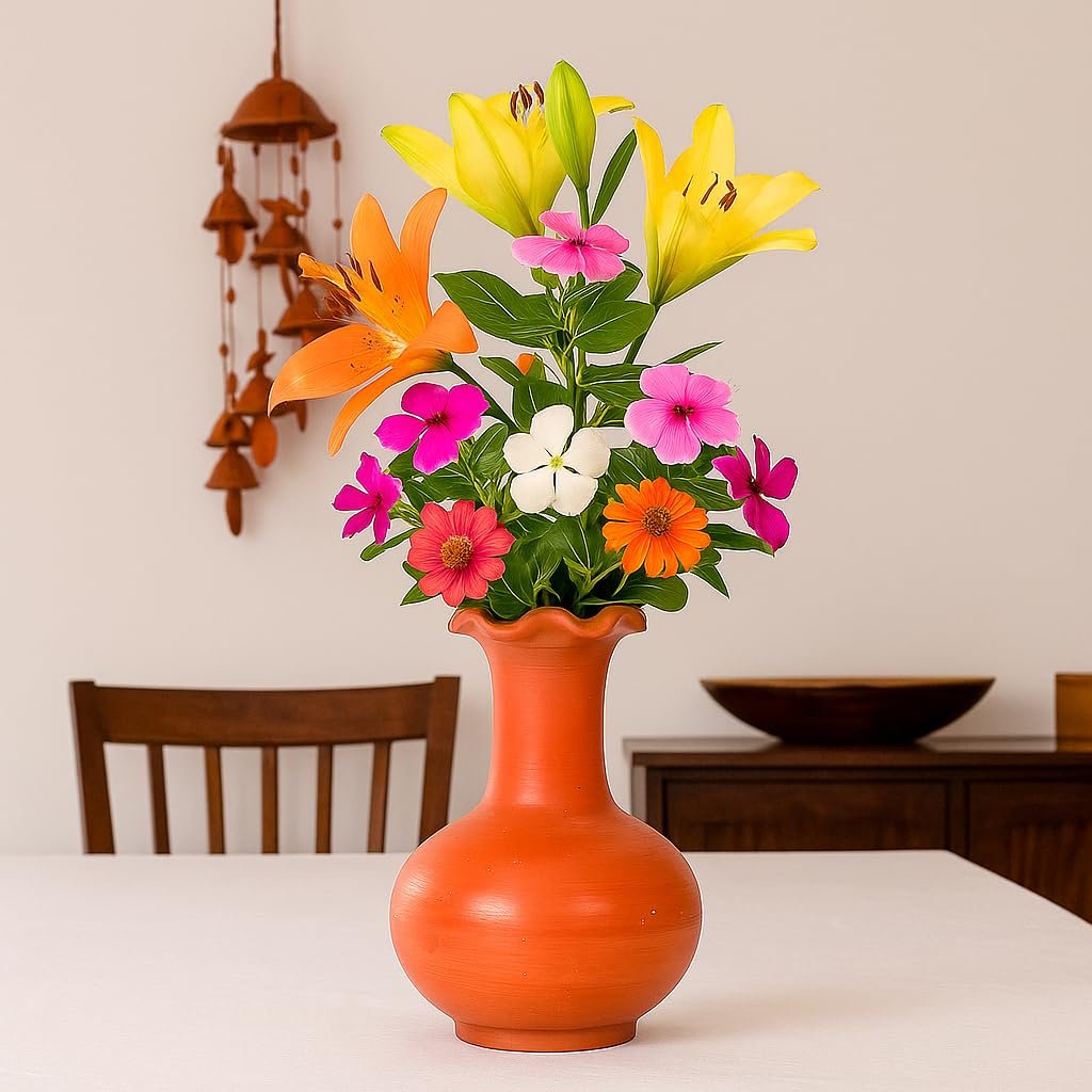 HPW 8 Inch Terracotta Earthenware Clay Flower Vase for Home & Office,Designer Decorative Round Flower Pot for Living Room Decoration, Organic Handcrafted Mitti Showpiece for Table,Set of 1,Browne