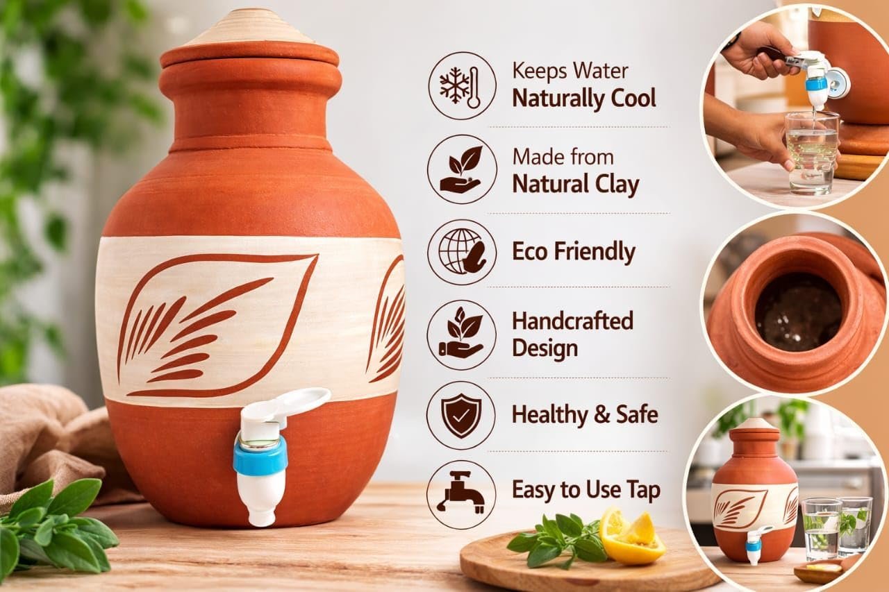 5L Clay Water Dispenser with Tap | Terracotta Matka for Drinking Water | Natural Cooling Earthen Pot | Eco-Friendly Handmade Mitti Matka - Image 3