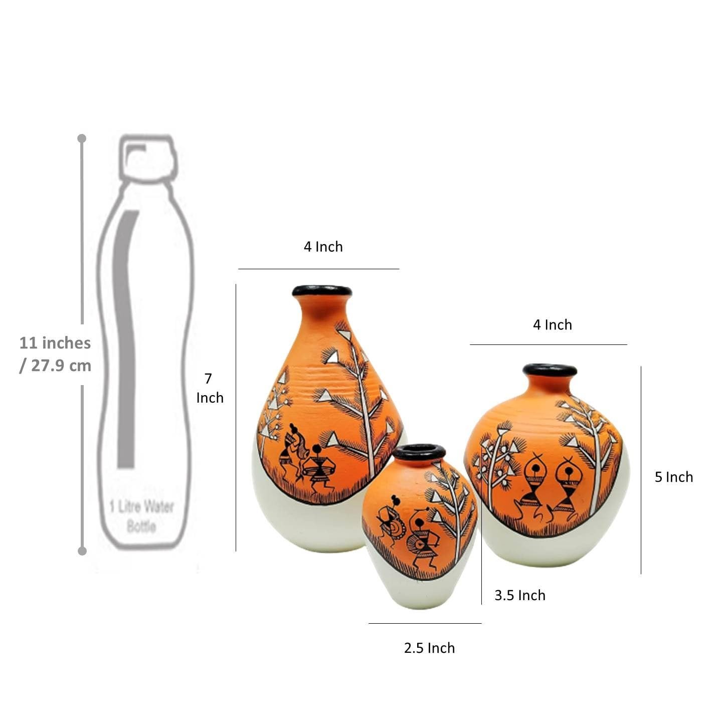 ARTYSTA BEAUTIFYING LIVES Earthenware'Warli Forests'Orange&Off White Handpainted Terracotta Oblong Flower Vases|Terracotta Decorative For Home Decor Earthen Flower Vase Pots For Home&Office(Set Of 3) - Image 4