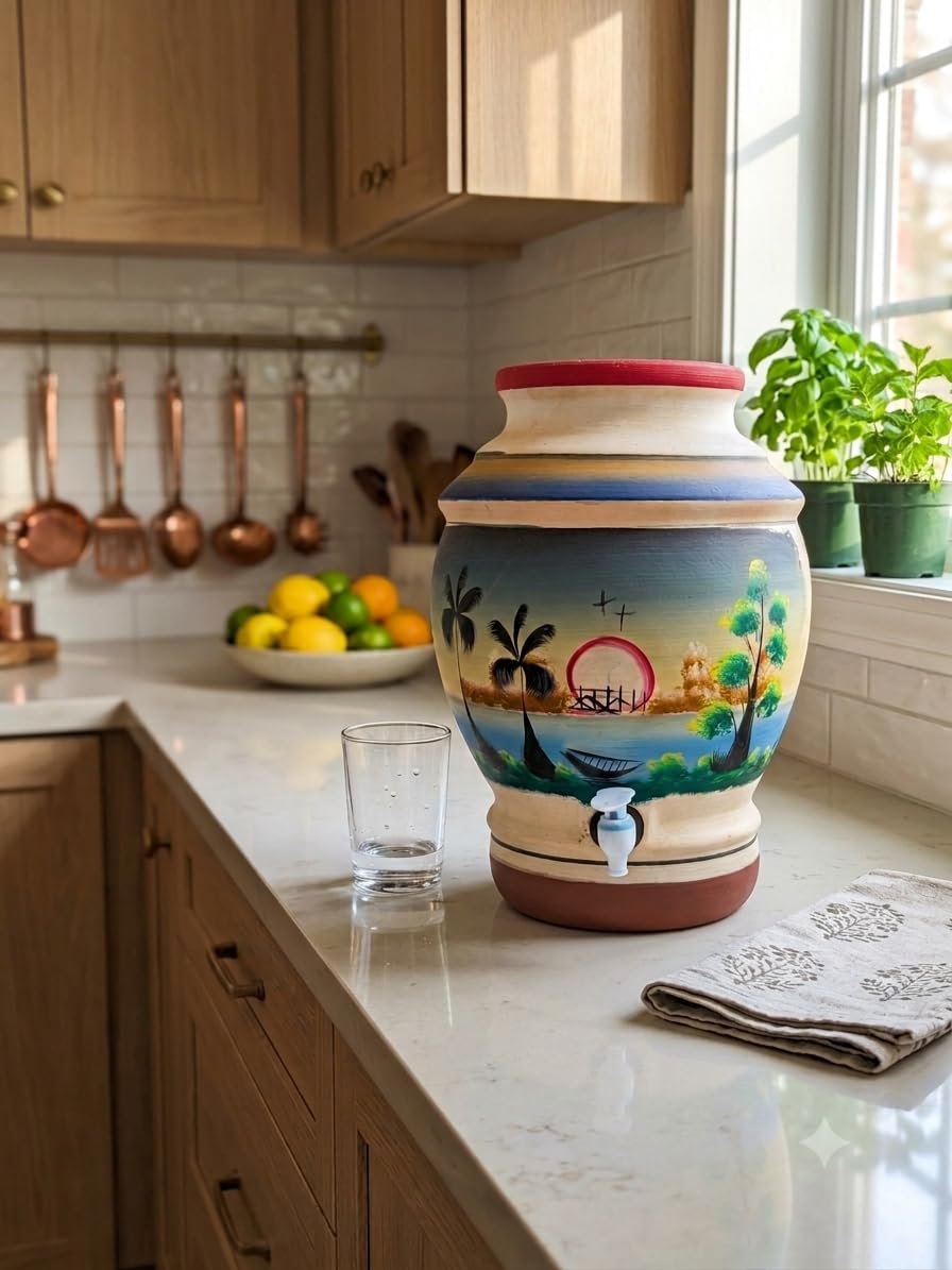 Architha Creations,Hand-Painted Clay Water Pot with Tap, Nature Scene Design,Handmade(Matka) | Clay Pot for Drinking Water | Eco-Friendly & Chemical-Free Matka with Tap – Keeps Water Cool Naturally - Image 2