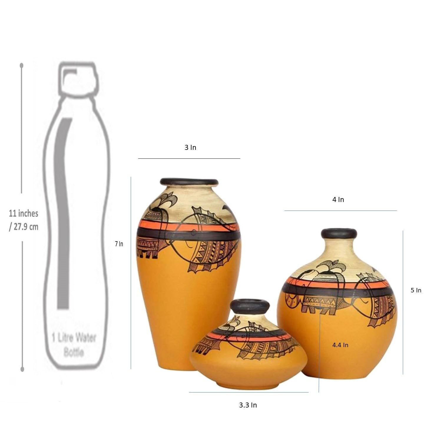 Artysta ‘Madhubani Jungle’ Yellow Handpainted Terracotta Flower Vase, Terracotta Decorative for Home Decor Earthen Flower Vases Pots for Home & Office (Set of 3) - Image 4