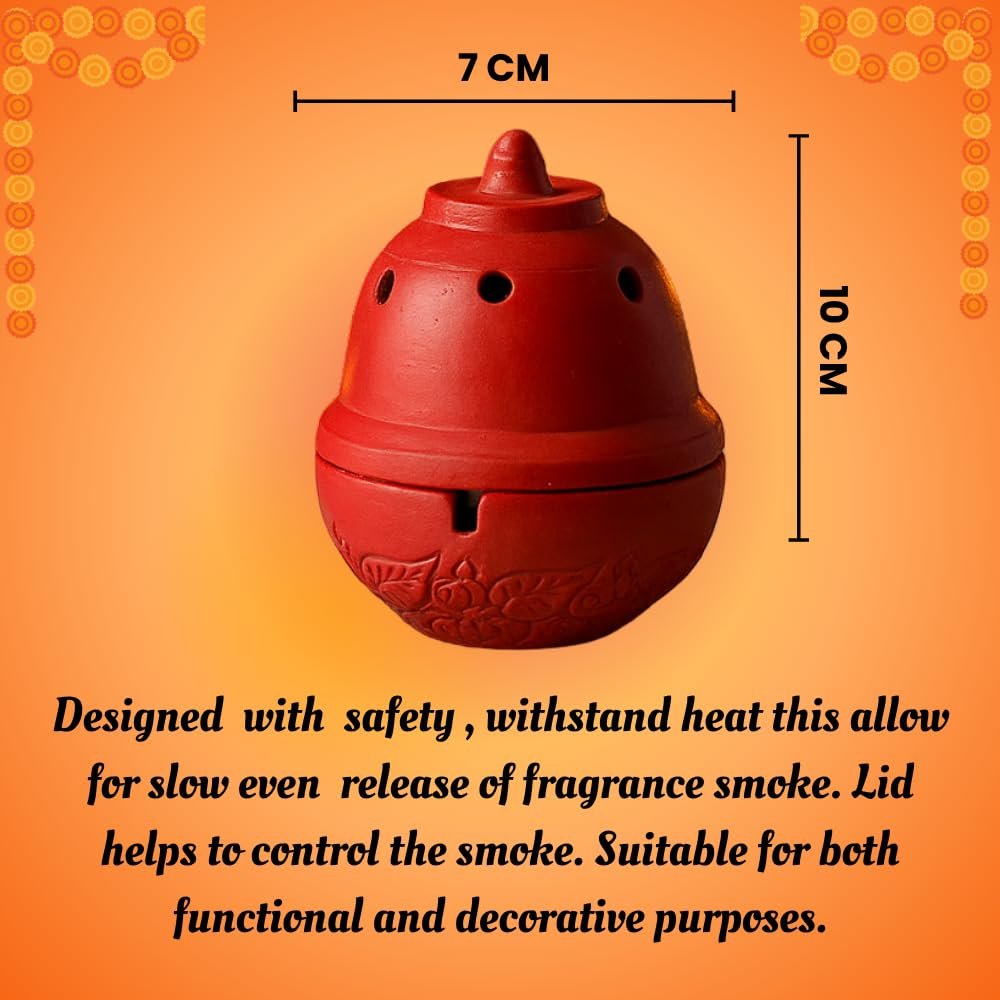 Traditional Clay Sambrani Dhoop Incense Holder, Terracotta Red, Decorative Bowl Shape with Lid, for Home Temple Pooja/EARTHEN SAMBRANI Holder - Image 5