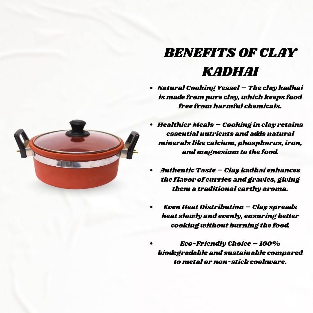 Handmade Terracotta Clay Kadhai with Glass Lid, 2 Liter | Earthen Deep Frying Pan for Natural Cooking | Gas Stove Compatible Clay Pot with Heat-Resistant Handles | Chemical-Free. - Image 4