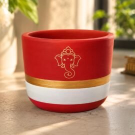 ecofynd 4.5 Inch Ganesha Symbol Terracotta Pot for Indoor & Outdoor Plants, Decorative Flower Pot for Tulsi, Succulents, Herbs, Balcony, Home Temple, Living Room & Office Decor (TPOT012-BRNWHT)