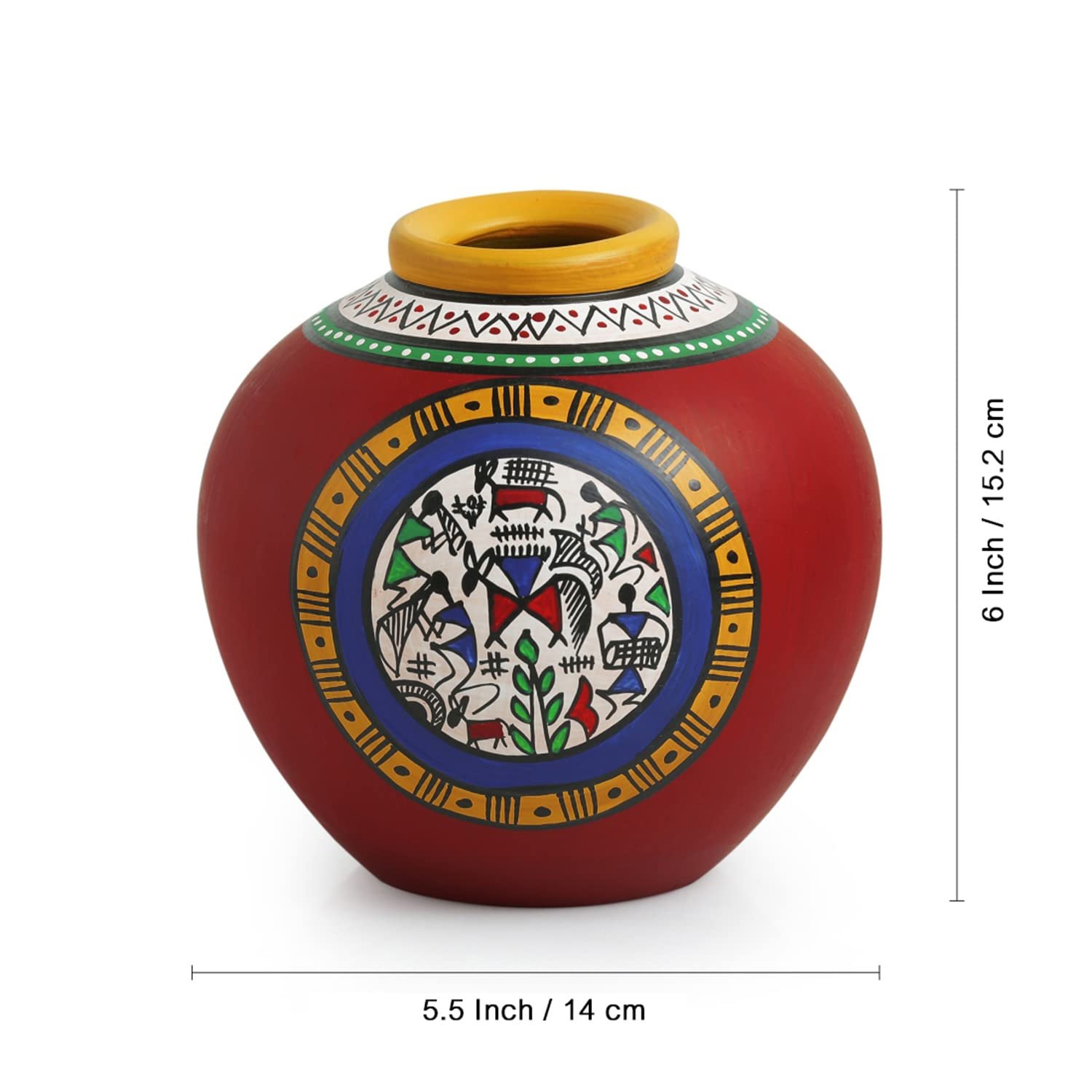 ExclusiveLane 6 Inch Terracotta Handpainted Warli Matki Shaped Flower Vase in Red - Flower Vases for Home Decor Flower Pots for Home Decoration Showpiece Office Décor Decorative Gift Item - Image 4