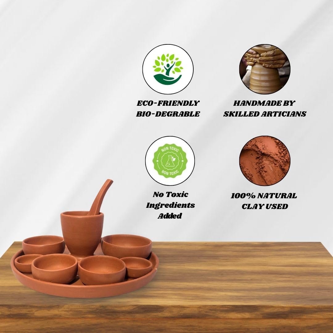 Terra Charms Handcrafted Clay Dinner Set – 9 Pcs Natural Terracotta Dining Set for Home, Authentic Lead-Free Clay Plates & Bowls for Healthy Traditional Dining, Heat-Resistant & Earthy Finish - Image 3