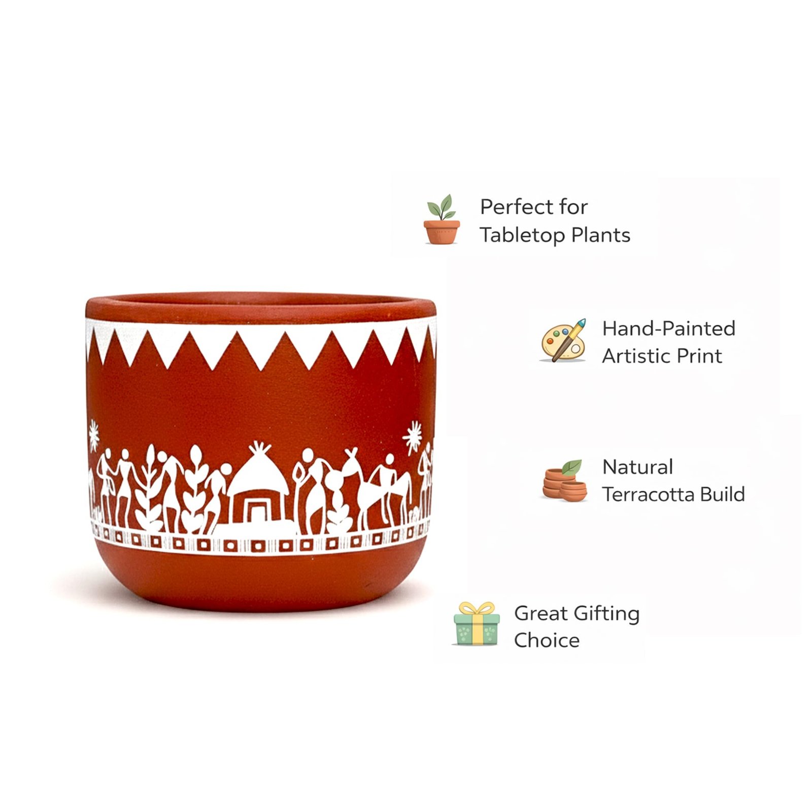 Urban Plant Tribal Utsav Virasat Terracotta Pot with Drainage Hole (4.7 Inch) | Hand-Painted Ethnic Warli Design Planter | Ideal for Home Décor, Tabletop & Gifting - Image 6