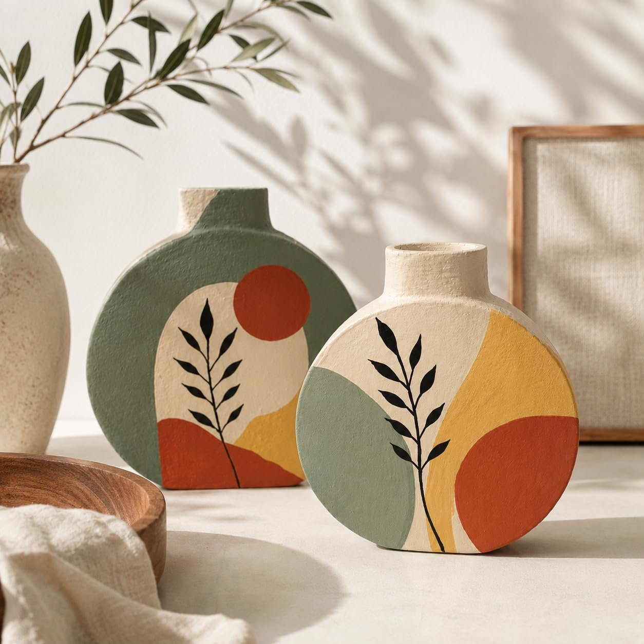 ARTYSTA Handpainted Terracotta Vase Set of 2 | Green Boho Modern Decorative Dry Flower Vases for Home Décor | Small Vases for Decor | Housewarming Gifts | Eco-Friendly Pots | Round Flat Shape Pots - Image 2