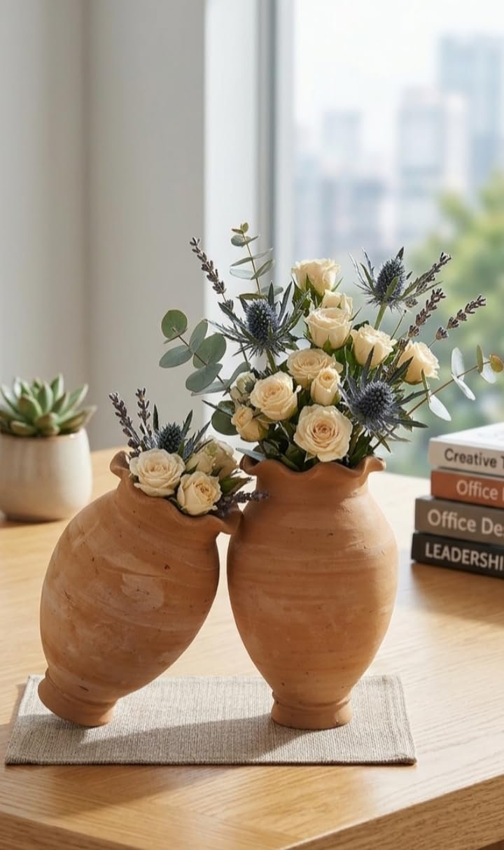 Terracotta Clay Flower Vase for Home Decor | Eco-Friendly Standard Size Earthen Pot | Traditional Clay Flower Pot for Living Room, Office, Table Decoration | Size Height 6" & Width 4" | Pack of 2 pic - Image 5