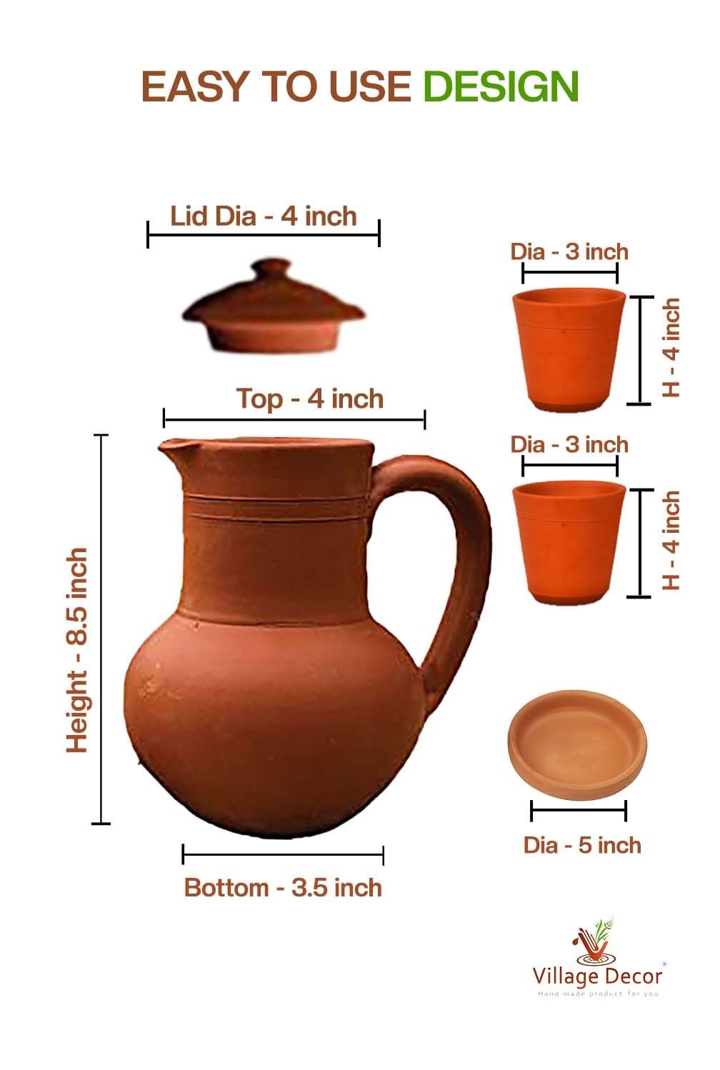 Village Decor Handmade Terracotta Preseasoned Water jug |2 Liter with Bottom Tray & Glass - Image 3