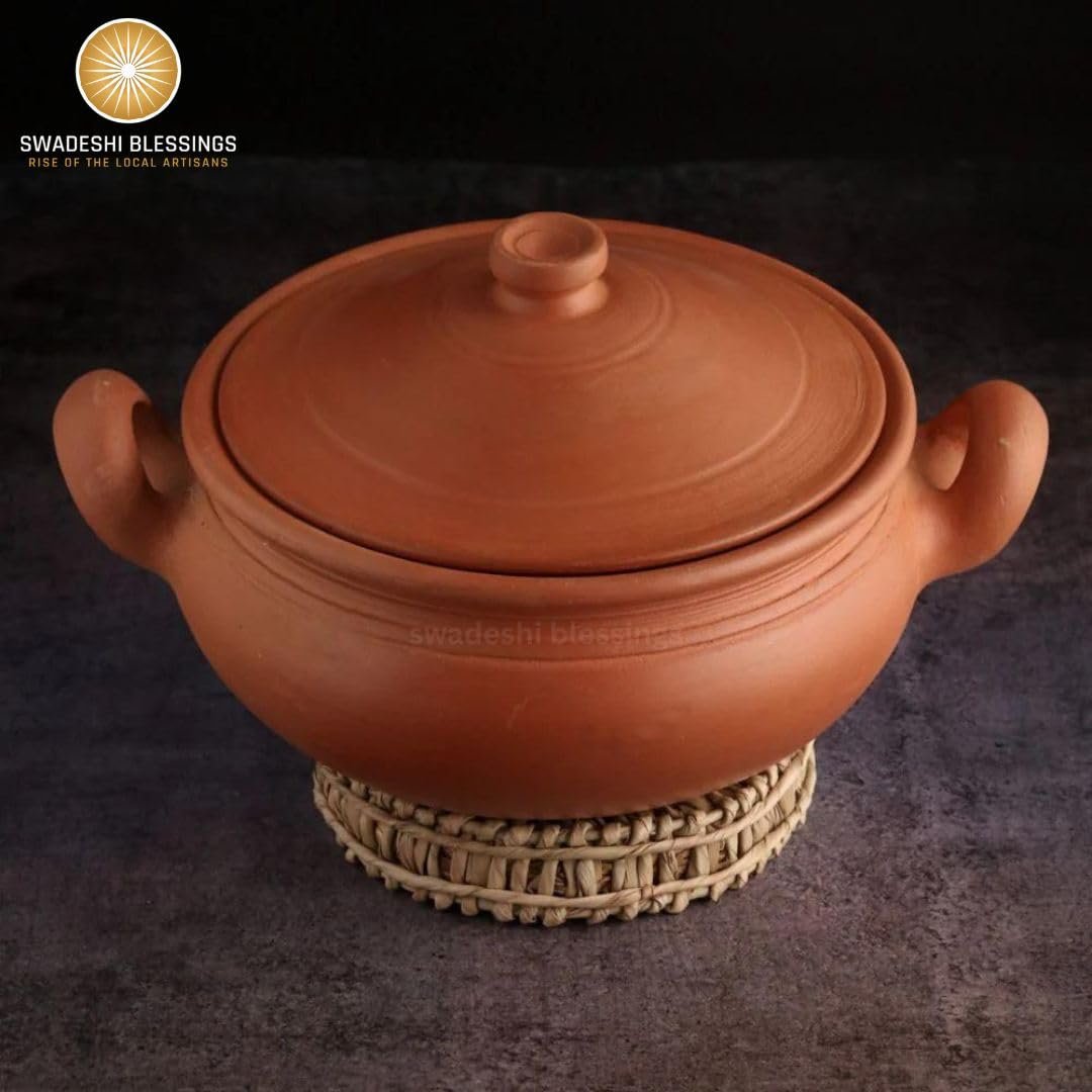 Swadeshi Blessings Exclusive Range Unglazed Clay Handi/Earthen Kadai/Clay Pot for Cooking & Serving with Lid (with Mirror Finish) + Free ASH for Cleaning (3 litres) - Image 2