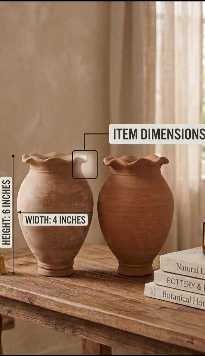 Terracotta Clay Flower Vase for Home Decor | Eco-Friendly Standard Size Earthen Pot | Traditional Clay Flower Pot for Living Room, Office, Table Decoration | Size Height 6" & Width 4" | Pack of 2 pic - Image 3