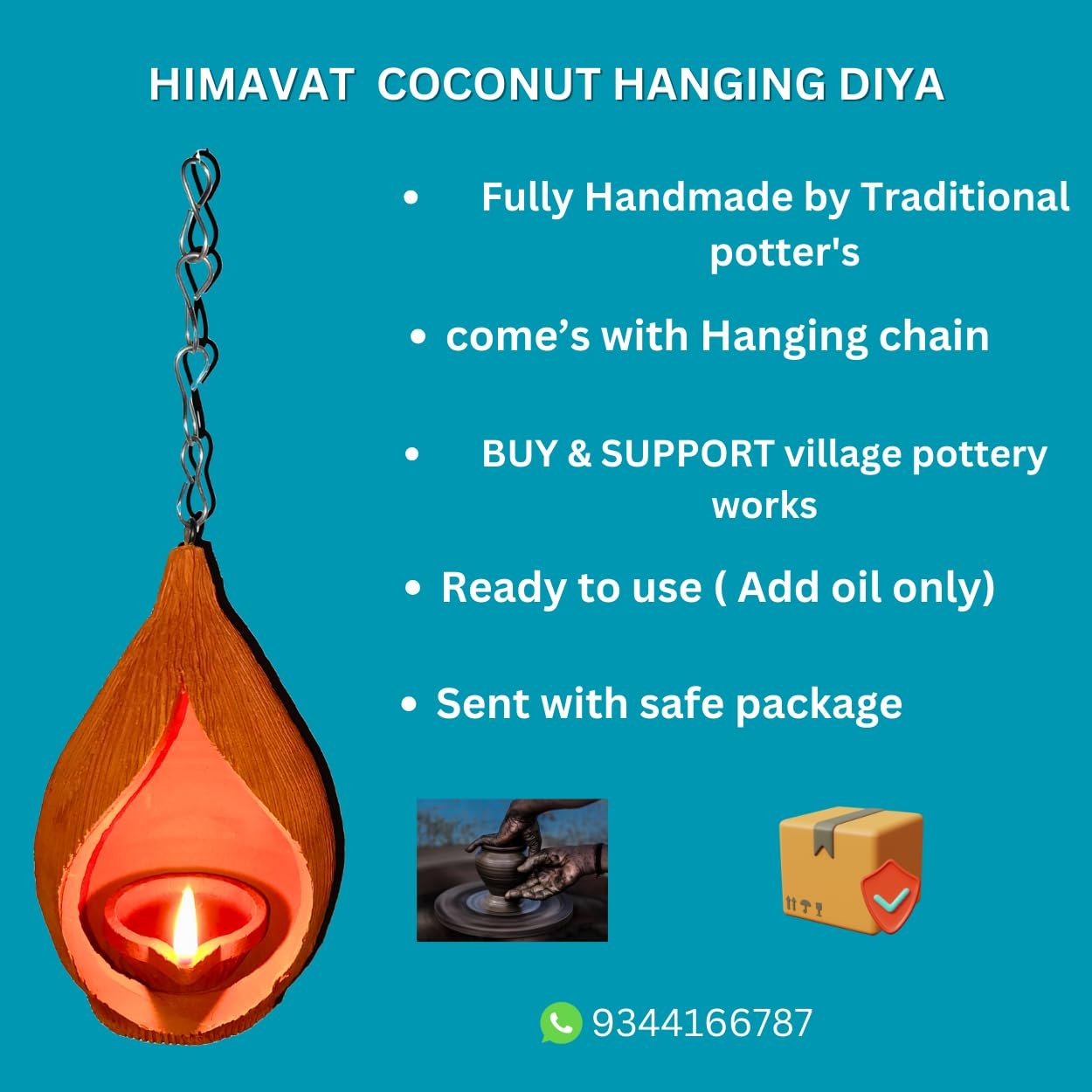 Himavat Terracotta Diya Hanging Lamp Collection Clay mitti Diya Coconut Lamps for Home Decor and Spiritual Illumination, Earthenware (8) - Image 5