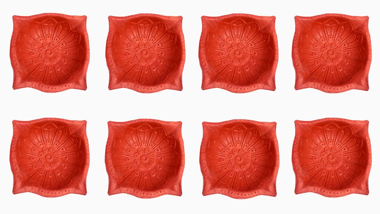 Indian Art & Crafts Handmade Designer 4 Mukhi Clay Diya Set of 8 for Diwali Pooja Decoration