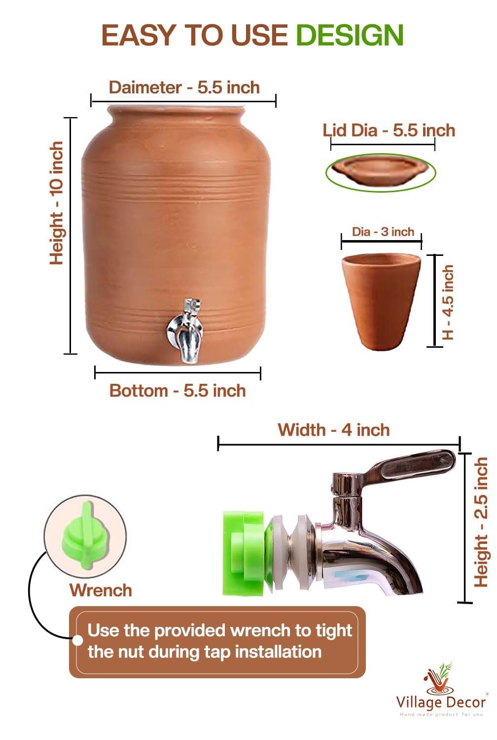 Village Decor Clay Water Pot with Lid (Pre-Seasoned) & 304 Stainless Steel tap (Pot) 6000 ML - Image 3