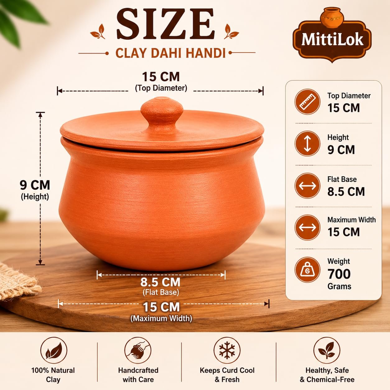MittiLok Clay Dahi Handi 500ml with Lid | Mitti Ki Dahi Handi for Cooking & Serving | Traditional Terracotta Pot for Chicken, Biryani, Dal & Curry |Unglazed Heat Retention Cookware for Kitchen Use - Image 2