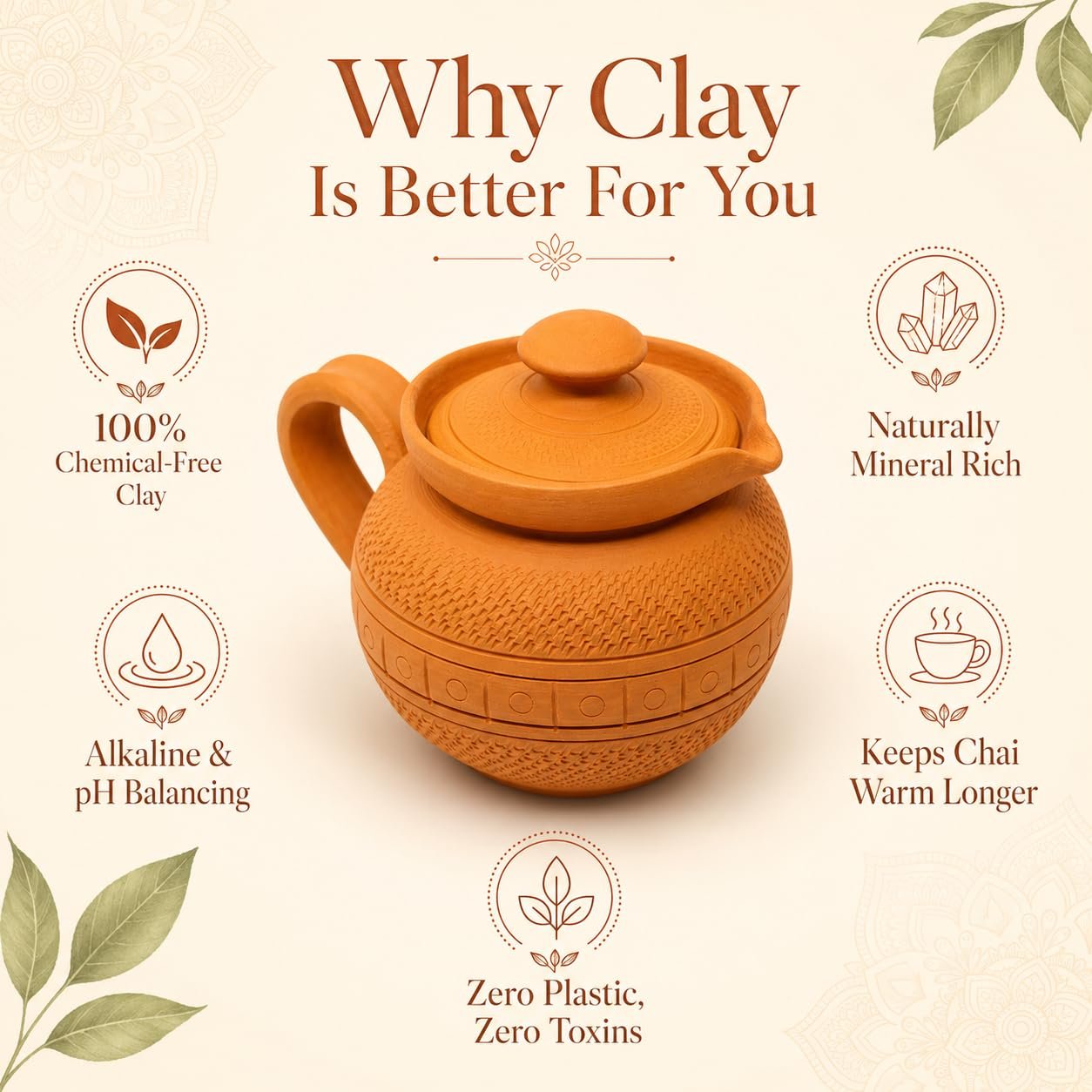 Handcrafted Terracotta Clay Milk Pot with Lid & Handle | Traditional Earthenware Doodh Patila for Serving | Natural Mitti Pot, Eco-Friendly, Heat Resistant | 400ml Capacity - Image 3
