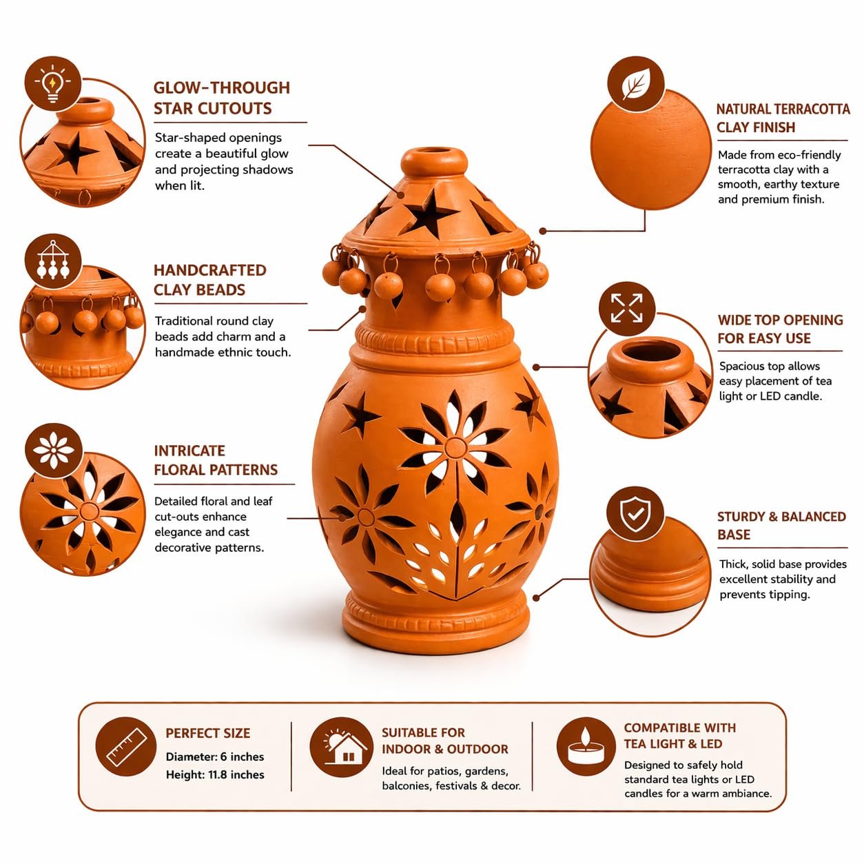 ShopMeFast Decorative Traditional Clay Terracotta Lantern, Hanging Lantern for Home Decor and Garden Decor (12 Inches) - Image 3