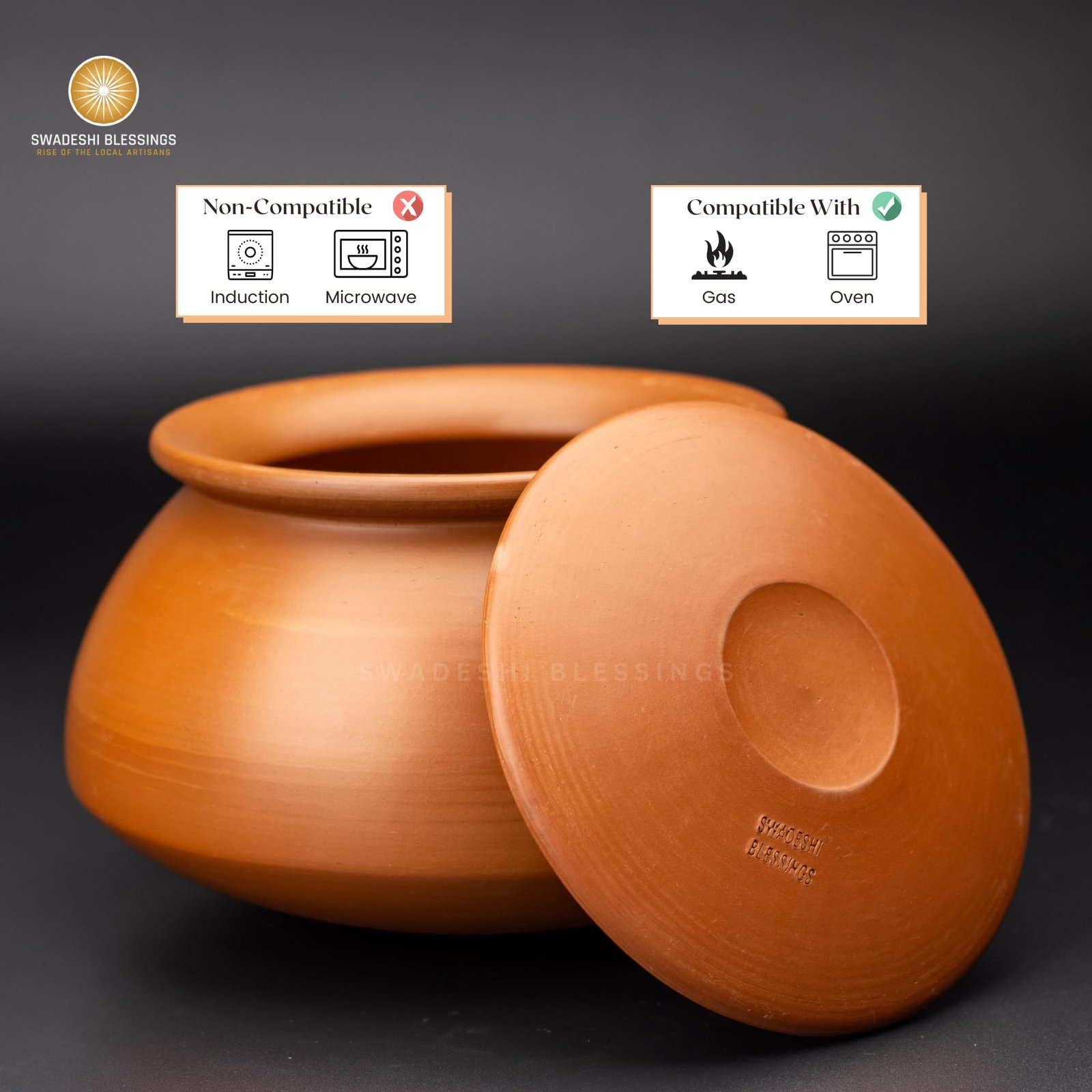 Swadeshi Blessings Exclusive Range Unglazed Mud/Earthen Handi/Mitti Ke Bartan/Clay Pot for Cooking & Serving with Lid, 3 Liters (with Mirror Shine) + Free ASH for Cleaning - Image 4