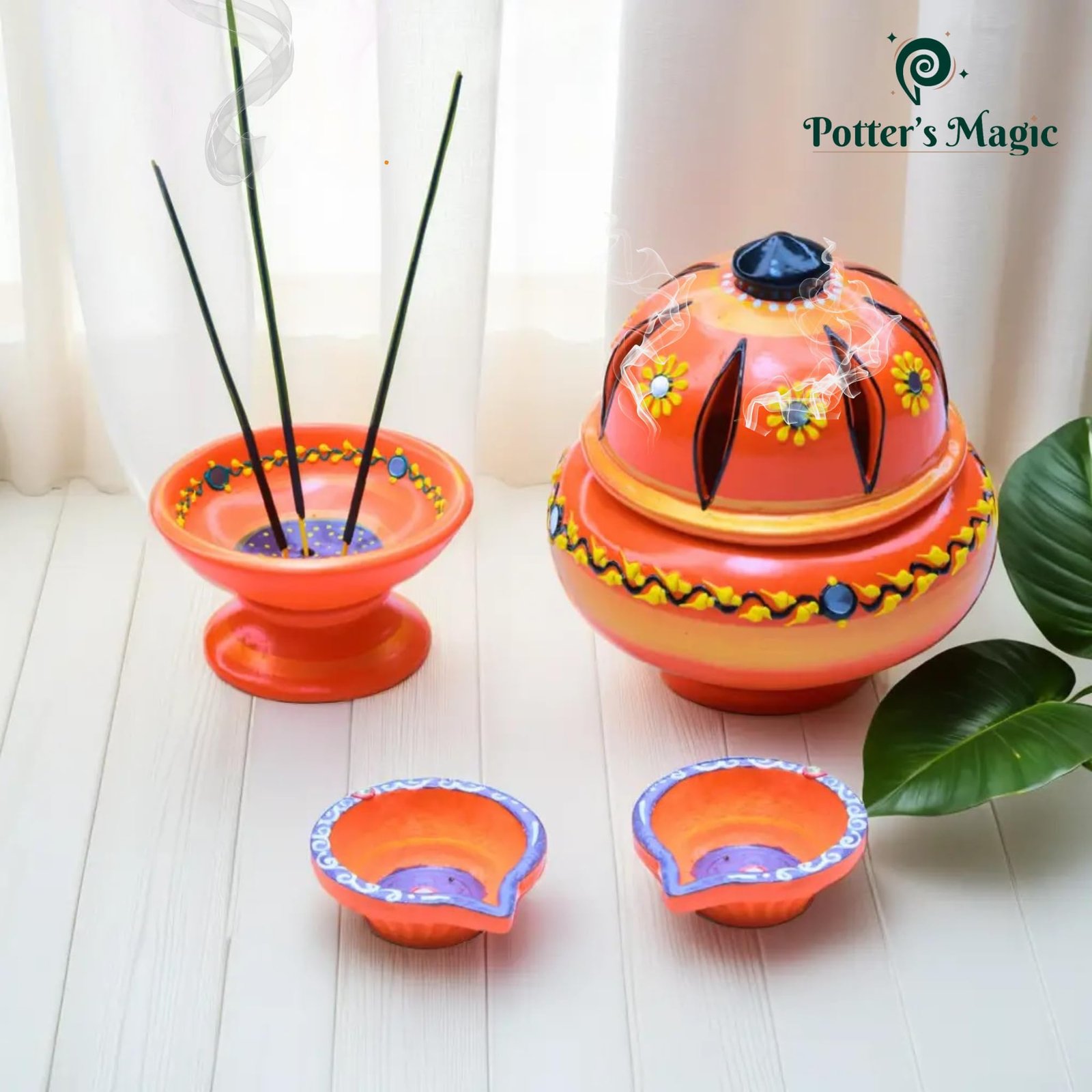 Potter’s Magic Clay Dhoopam Holder, Incense Holder with Diya 2 Nos Hand Painted | Teracotta Dhoop Dhani/Sambrani, Agarbhathi Holder | House Warming Gifts | Pooja Room Decoration Items (Orange) - Image 8