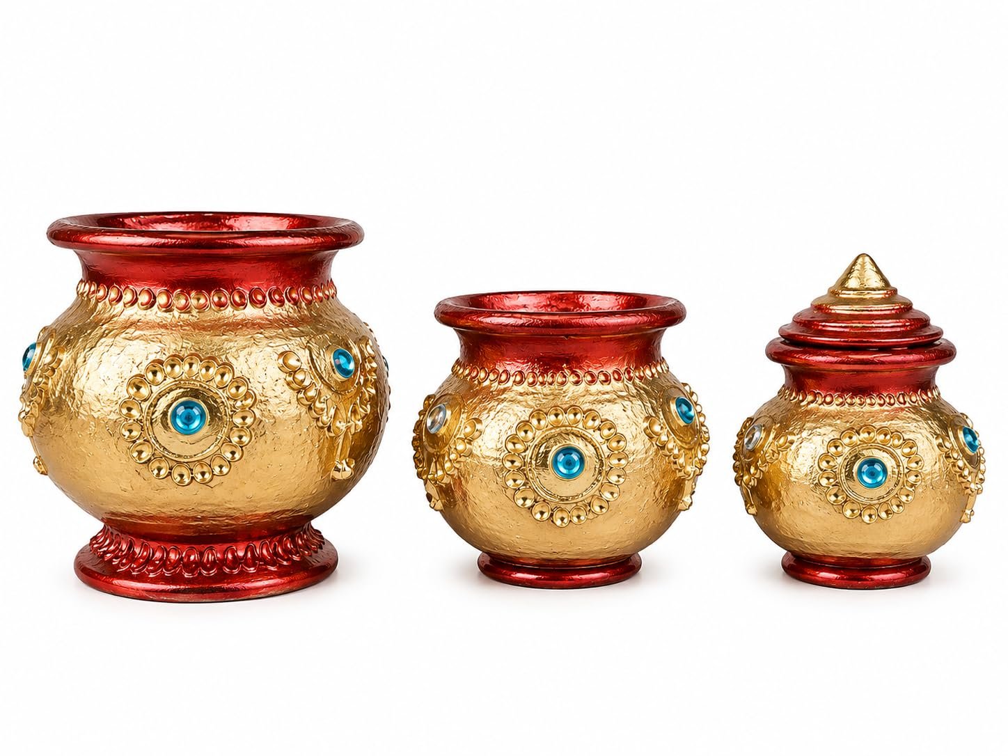 Terracotta Handpainted Divine Clay Kubera Lakshmi Pot Set with Lid | Set of 3 Handmade Terracotta Kubera Paanai | Clay Kubera Pot for Lakshmi Kubera Puja, Pooja Room, Home Temple Decor - Image 4