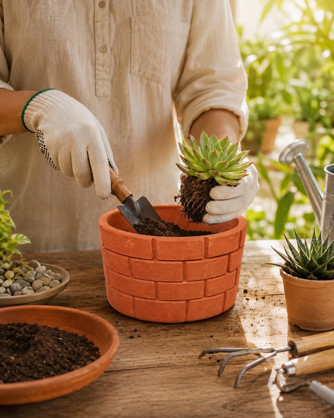 Azadi House Handmade Terracotta Indoor Planter | Natural Clay Flower Pot with Brick Design | Breathable Earthen Pot for Succulents, Bonsai, Cactus & Small Indoor Plants | 13 cm - Image 5