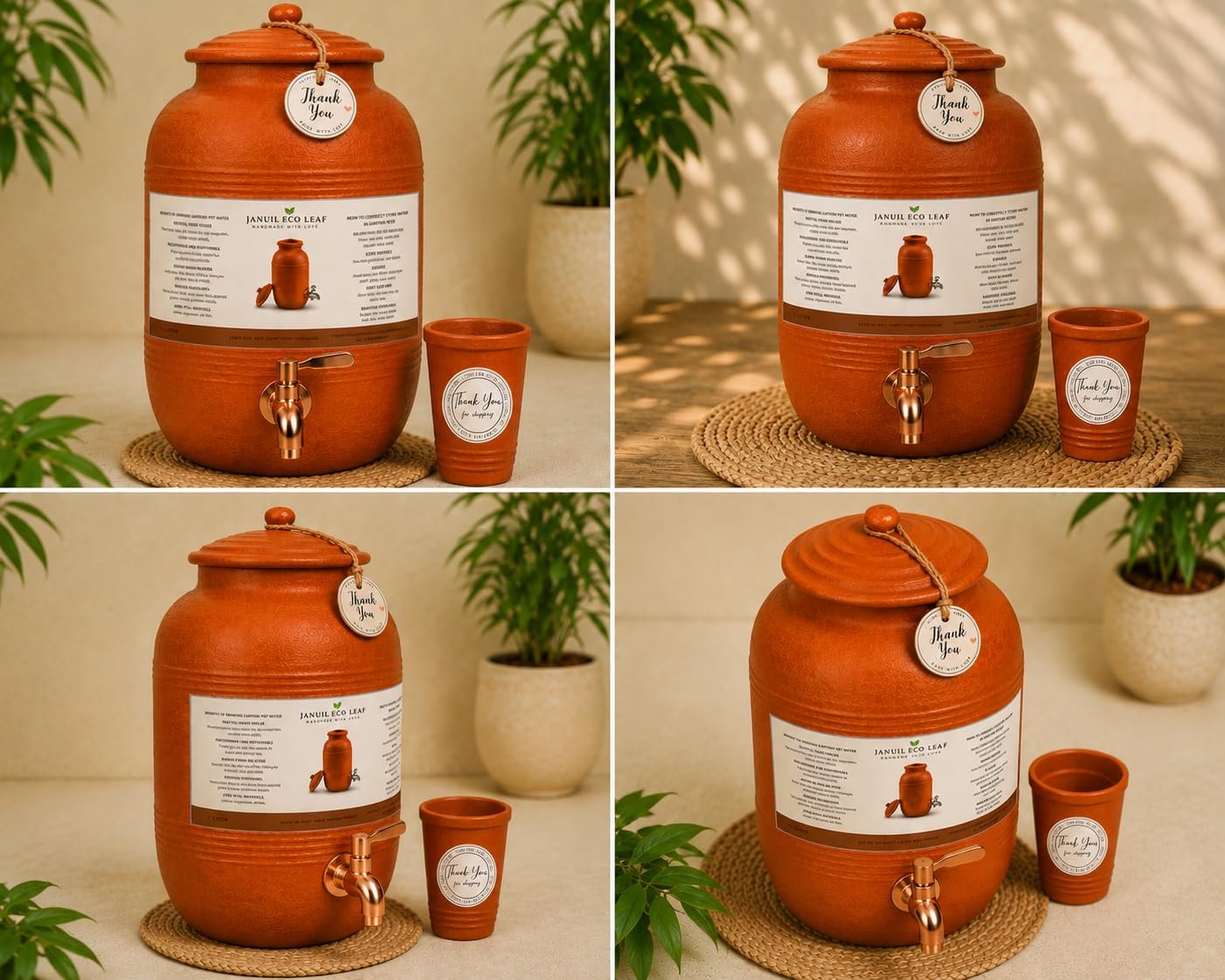 JANUIL ECO Leaf Heritage Reserve Terracotta Earthen Clay Water Pot with Glass | Promotes a Traditional Lifestyle | Handmade Using 100% Natural Terracotta Clay | Copper Tap | 7000 ML Capacity - Image 3