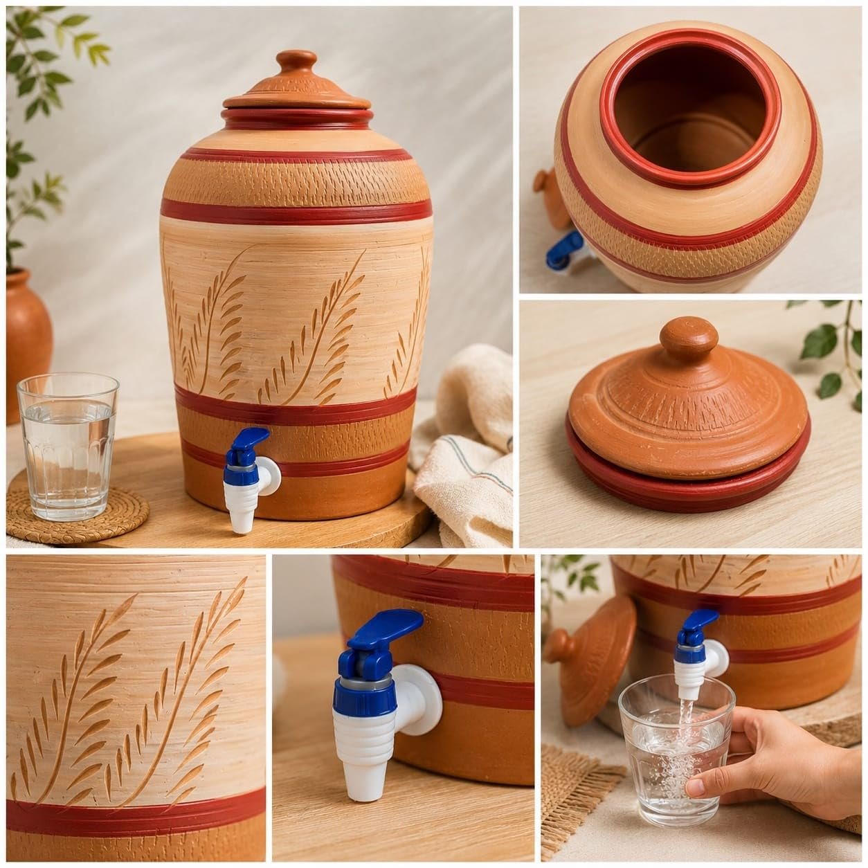 Gullak Terracotta Craft 8 Litre Earthen Water Dispenser with Tap and Lid | Handmade Terracotta Clay Matka | Natural Brown Water Pot for Home, Kitchen and Office - Image 4