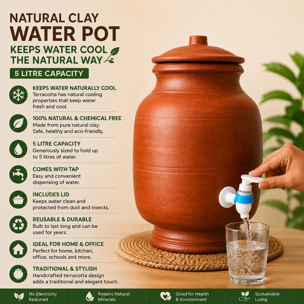 Handcrafted Terracotta Water Storage Pot with Tap, 5 Litre - Image 6