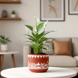 Urban Plant Tribal Utsav Virasat Terracotta Pot with Drainage Hole (4.7 Inch) | Hand-Painted Ethnic Warli Design Planter | Ideal for Home Décor, Tabletop & Gifting