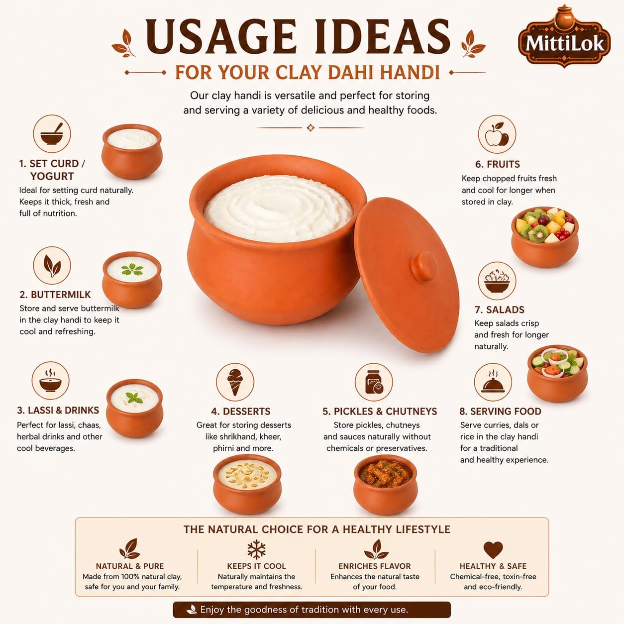 MittiLok Clay Dahi Handi 500ml with Lid | Mitti Ki Dahi Handi for Cooking & Serving | Traditional Terracotta Pot for Chicken, Biryani, Dal & Curry |Unglazed Heat Retention Cookware for Kitchen Use - Image 7