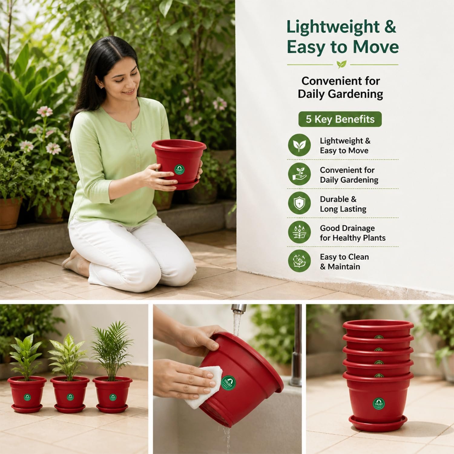 TrustBasket Terracotta pots with Bottom Plates - 6 Pcs (8 inch) | Gamla for Plants with Saucer | Pots and planters with Tray | Garden pots & Bottom Plates - Image 5