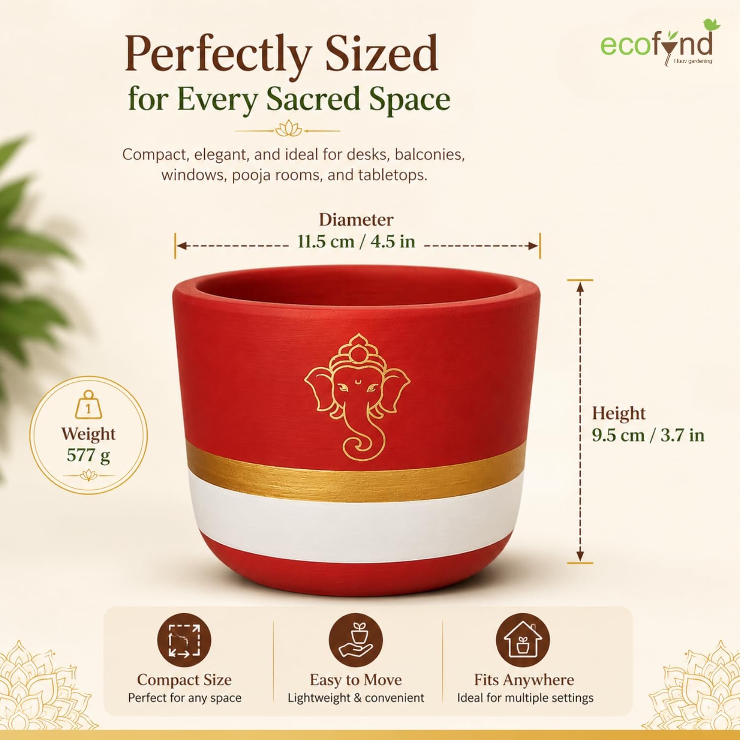ecofynd 4.5 Inch Ganesha Symbol Terracotta Pot for Indoor & Outdoor Plants, Decorative Flower Pot for Tulsi, Succulents, Herbs, Balcony, Home Temple, Living Room & Office Decor (TPOT012-BRNWHT) - Image 3