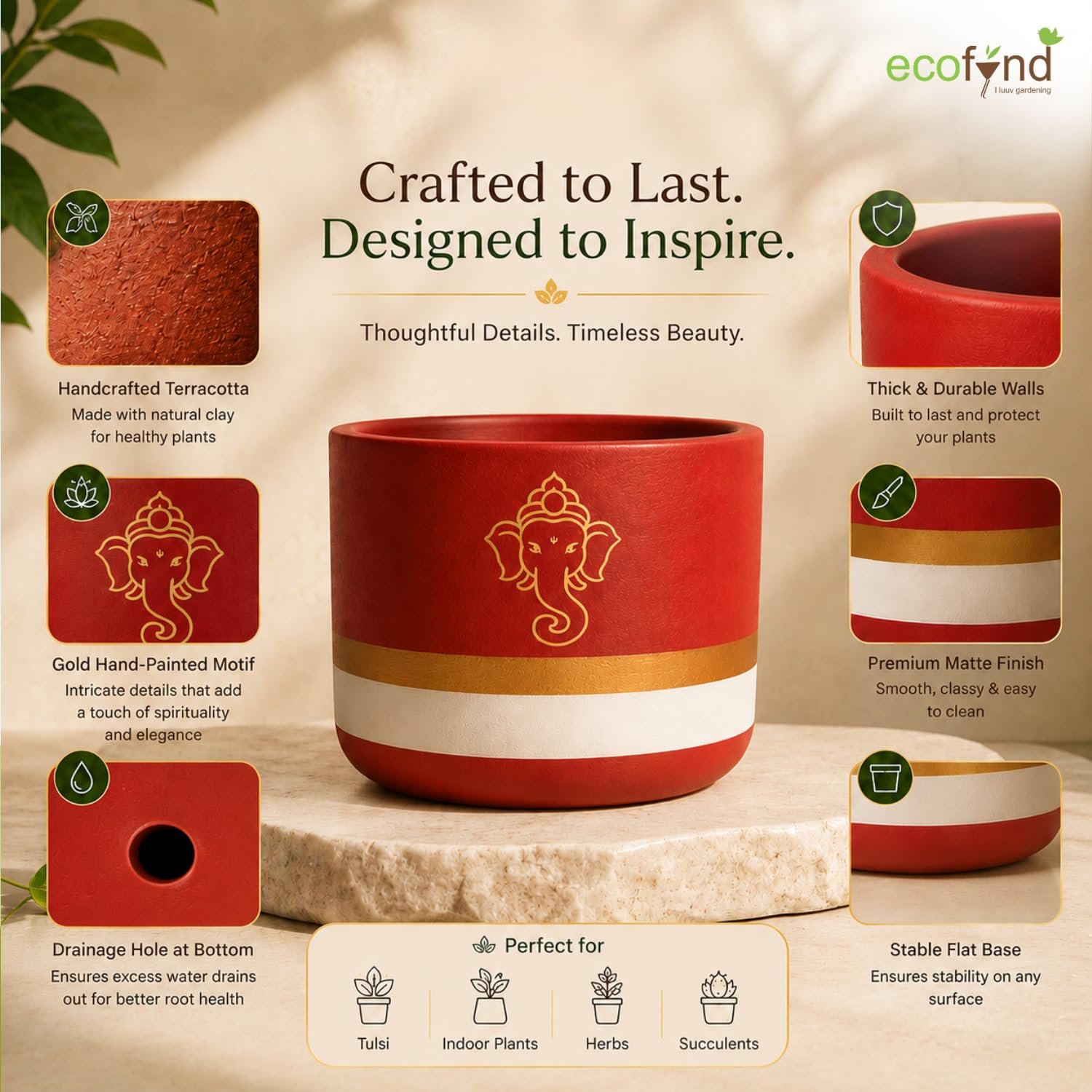 ecofynd 4.5 Inch Ganesha Symbol Terracotta Pot for Indoor & Outdoor Plants, Decorative Flower Pot for Tulsi, Succulents, Herbs, Balcony, Home Temple, Living Room & Office Decor (TPOT012-BRNWHT) - Image 2