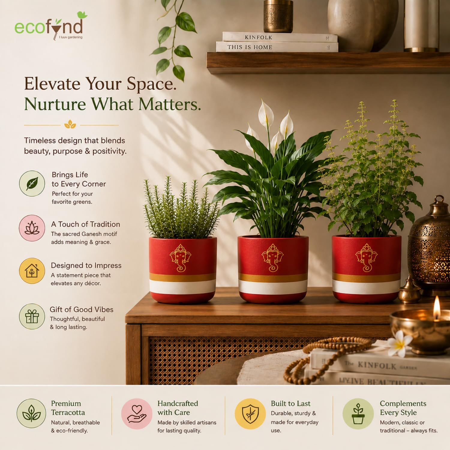 ecofynd 4.5 Inch Ganesha Symbol Terracotta Pot for Indoor & Outdoor Plants, Decorative Flower Pot for Tulsi, Succulents, Herbs, Balcony, Home Temple, Living Room & Office Decor (TPOT012-BRNWHT) - Image 6