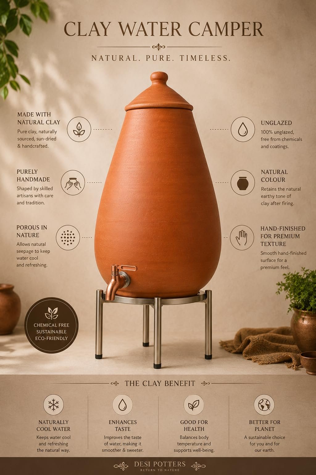Desi Potters Oval Clay Water Camper with Tap - Image 3