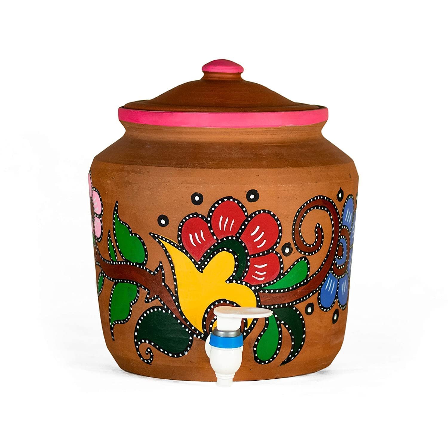 Handcrafted Designer Clay Water Pot with Tap 8 Liter | Natural Cooling Mitti Matka | Fridge-Free Healthy Drinking Water | Hand Painted Premium Earthen Pot (Design 1)