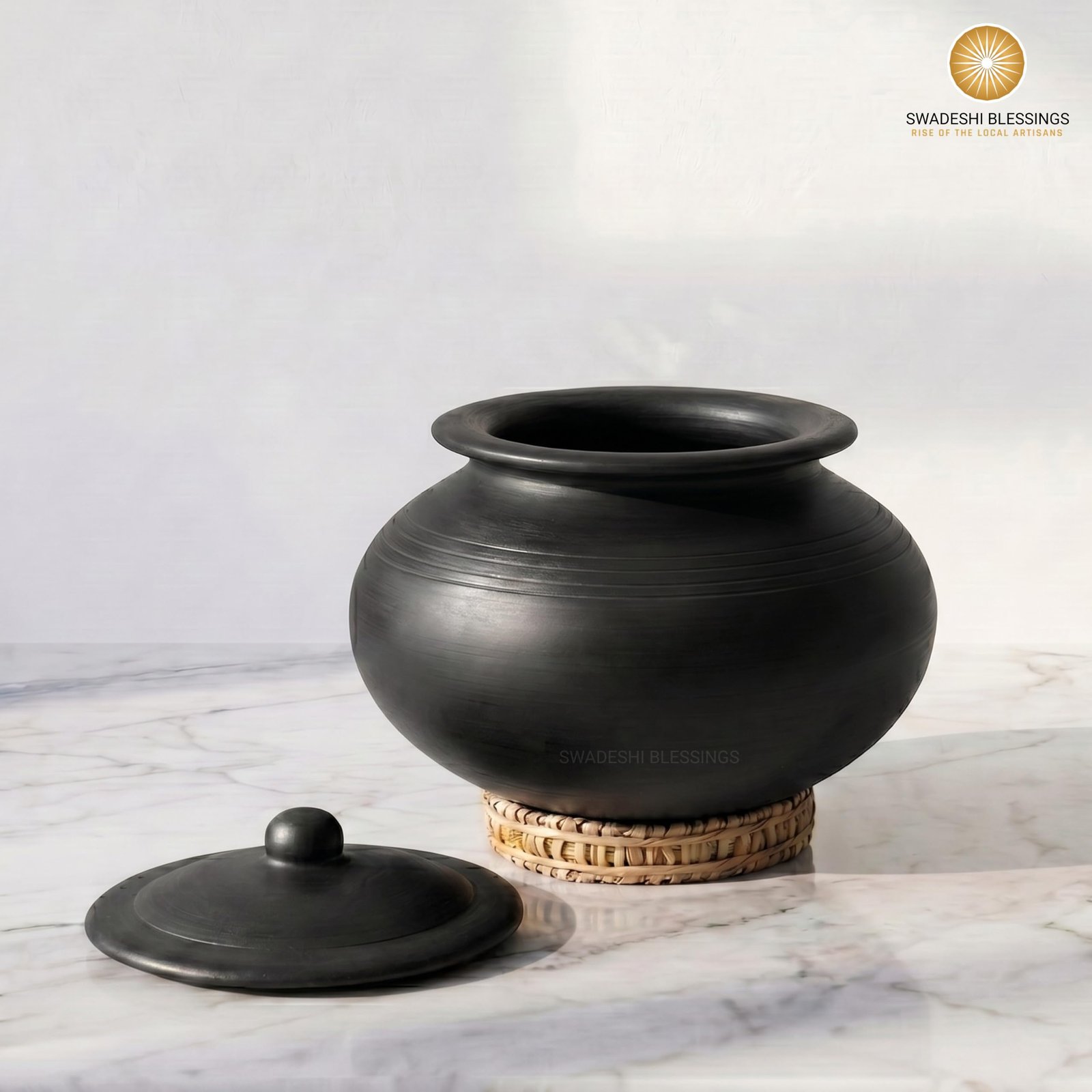 Swadeshi Blessings Exclusive Range Unglazed Clay Handi/Earthen Pot for Cooking with Lid (4 LTR, Black) (with Natural Firing Shade & Mirror Shine) + Free ASH for Cleaning (4) - Image 2