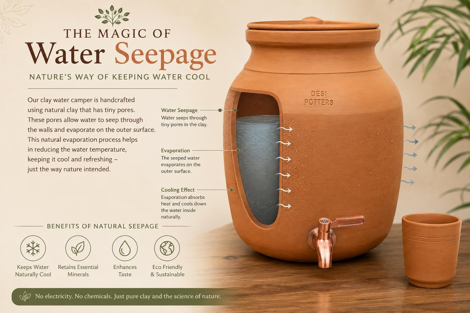 Handmade Terracotta Water Pot with Metal Tap & Lid (3, Liters) - Image 5