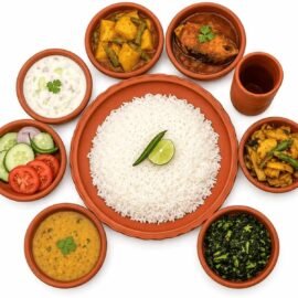 Hatekalame-Traditional Clay Thali Set, 9-Piece, Includes Large Main Plate, 7 Serving Bowls for Curries and Dals, and Clay Glass