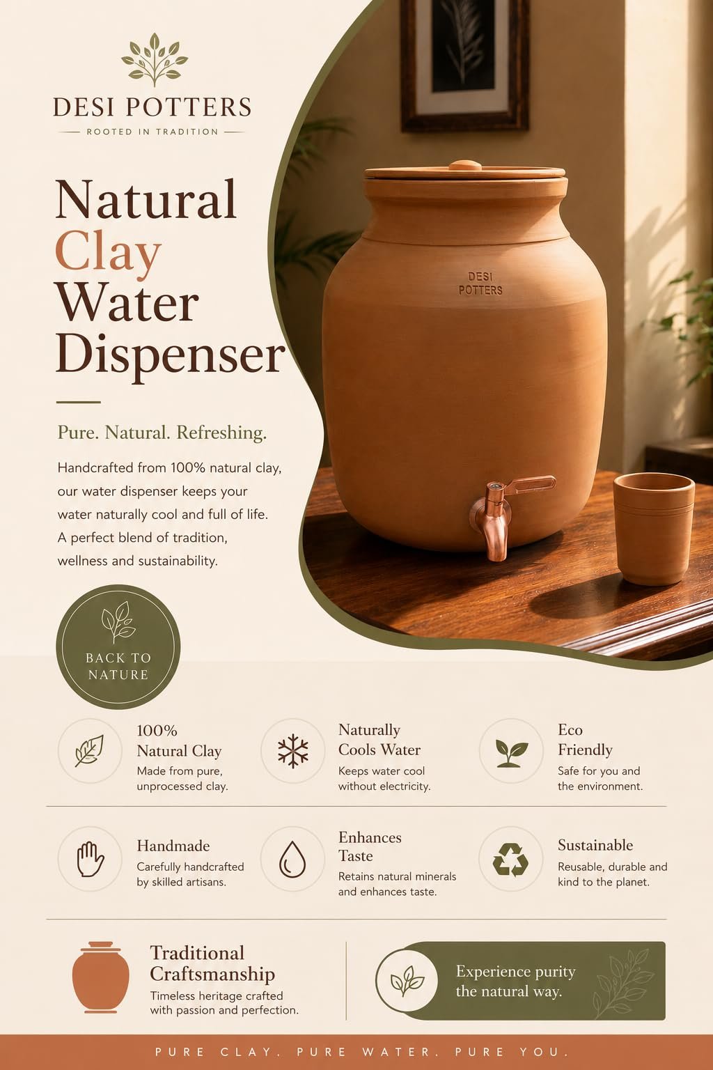 Handmade Terracotta Water Pot with Metal Tap & Lid (3, Liters) - Image 3