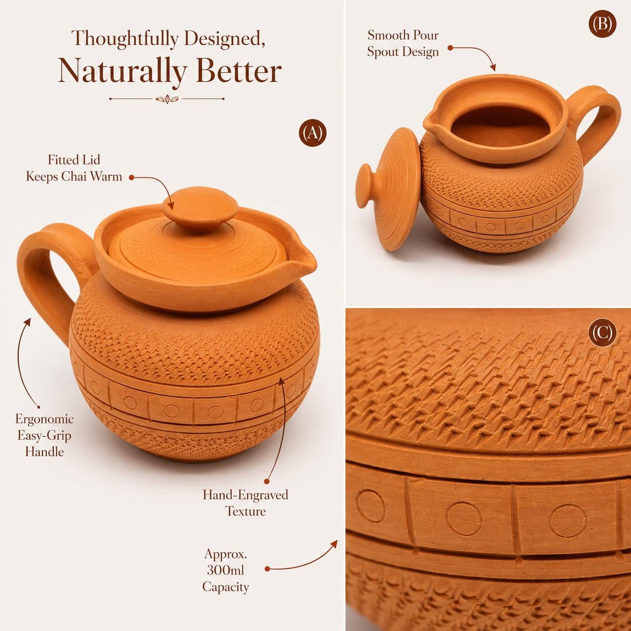 Handcrafted Terracotta Clay Milk Pot with Lid & Handle | Traditional Earthenware Doodh Patila for Serving | Natural Mitti Pot, Eco-Friendly, Heat Resistant | 400ml Capacity - Image 4