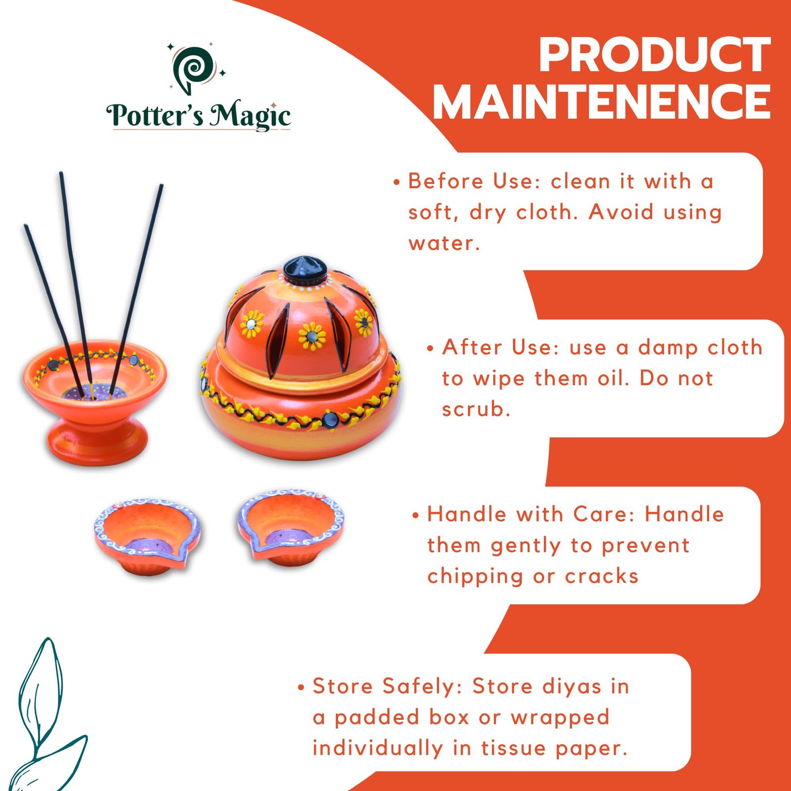 Potter’s Magic Clay Dhoopam Holder, Incense Holder with Diya 2 Nos Hand Painted | Teracotta Dhoop Dhani/Sambrani, Agarbhathi Holder | House Warming Gifts | Pooja Room Decoration Items (Orange) - Image 6