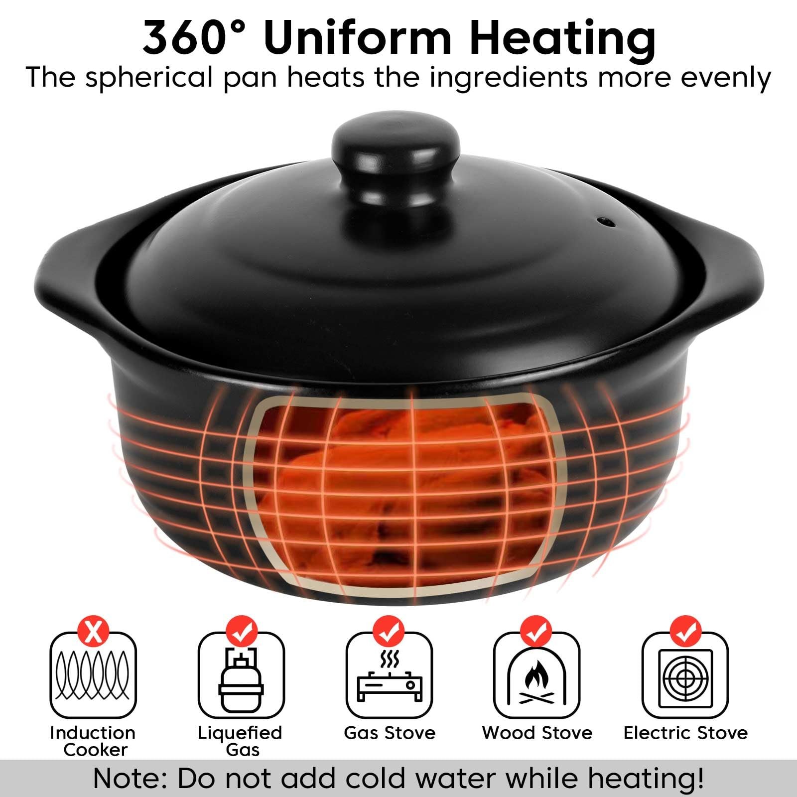 BSONEDO 1.9-Quarts Clay Pot for Cooking with Lid for Cooktop, Black Ceramic - Image 3