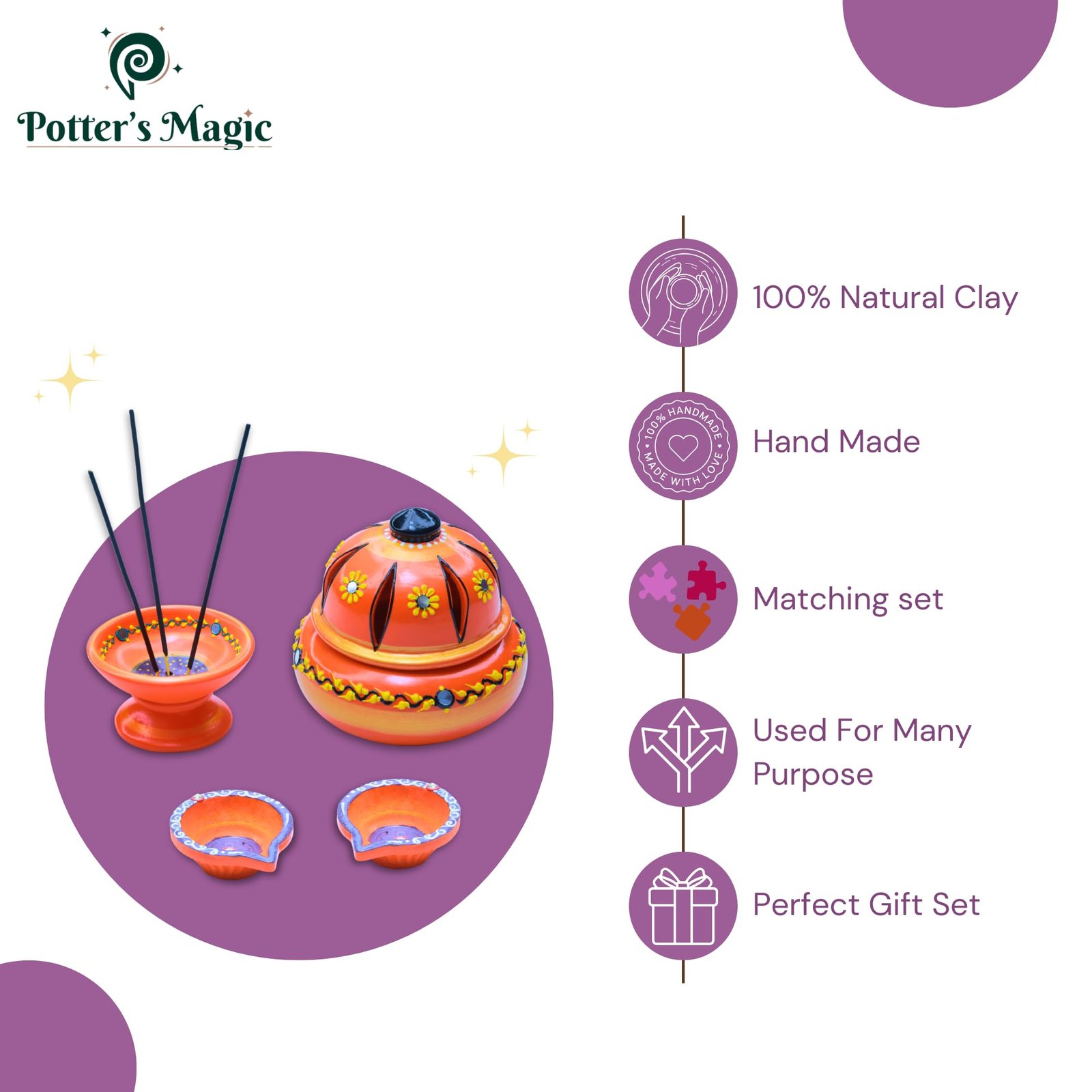 Potter’s Magic Clay Dhoopam Holder, Incense Holder with Diya 2 Nos Hand Painted | Teracotta Dhoop Dhani/Sambrani, Agarbhathi Holder | House Warming Gifts | Pooja Room Decoration Items (Orange) - Image 2