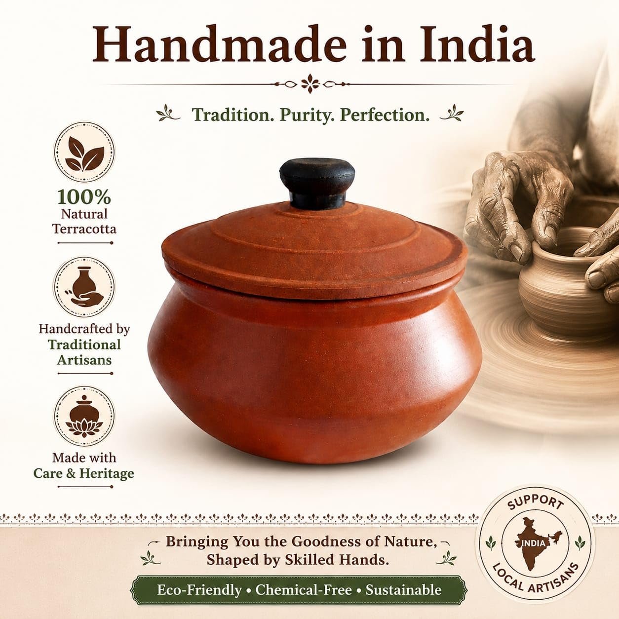 JL Handicraft Earthen Clay Handi 500 ml with Lid | Traditional Mitti Pot for Cooking, Curd & Serving | Natural Terracotta Pot for Kitchen Use - Image 7