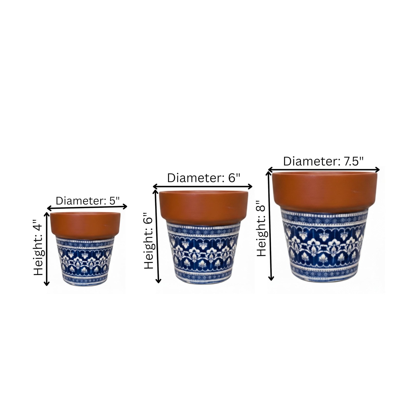 RESHA INTERIOR & DECORTerracotta Pots for Plants Indoor Outdoor | JODHPURE Hand Painted Terracotta Planter | Pot for Home, Balcony & Garden (Terracotta Base + Jodhpur Blue with White Floral, Set of 3) - Image 4